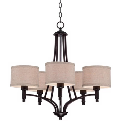 Franklin Iron Works La Pointe Oil Rubbed Bronze Pendant Chandelier 26" Wide Rustic Oatmeal Linen Shade 5-Light Fixture For Dining Room Kitchen Island 4 Franklin Iron Works La Pointe Oil Rubbed Bronze Pendant Chandelier 26" Wide Rustic Oatmeal Linen Shade 5-Light Fixture For Dining Room Kitchen Island - Image 4