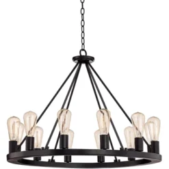 Franklin Iron Works Lacey Black Wagon Wheel Chandelier 28" Wide Industrial 12-Light LED Fixture For Dining Room House Foyer Kitchen Island Entryway -Adesso Sales Store GUEST d468a629 6743 4bea 98d7 3753d853d6d3