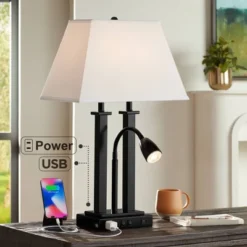 Possini Euro Design Deacon Modern Desk Table Lamp 26" High Black With USB And AC Power Outlet In Base LED Reading Light Oatmeal Shade For Office Desk