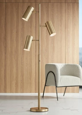 Possini Euro Design Canasta Trac Modern Tree Floor Lamp 67" Tall Satin Brass 3-Light Adjustable Metal Shade For Living Room Reading Bedroom Office 6 Possini Euro Design Canasta Trac Modern Tree Floor Lamp 67" Tall Satin Brass 3-Light Adjustable Metal Shade For Living Room Reading Bedroom Office - Image 6