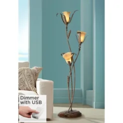 Franklin Iron Works Rustic Floor Lamp With USB Charging Port 3-Light 68 1/4" Tall Bronze Gold Lily-Shaped Amber Shade Living Room