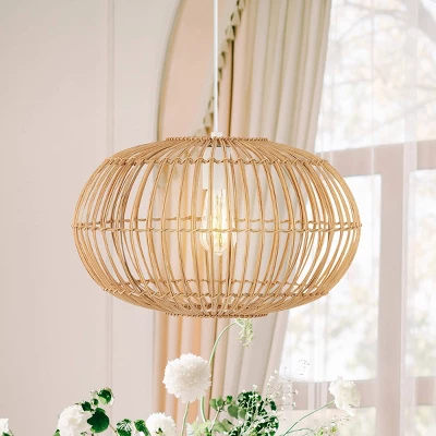 17.5" 1-Light Leo Farmhouse Coastal Rattan LED Pendant Brown - JONATHAN Y 1 17.5" 1-Light Leo Farmhouse Coastal Rattan LED Pendant Brown - JONATHAN Y