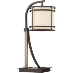 Franklin Iron Works Gentry Industrial Desk Lamp 22" High Oil Rubbed Bronze Faux Wood Cage With USB And AC Power Outlet In Base Oatmeal Shade For Desk -Adesso Sales Store GUEST e3cef309 c454 45d6 a010 6a10c5bf9fcd