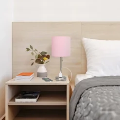 19.5" Bedside Power Outlet Base Metal Table Desk Lamp Brushed Steel With Fabric Shade Light Pink - Creekwood Home -Adesso Sales Store GUEST e6d28037 e795 4aa1 9c00 22cc5a7759fa