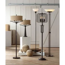 Franklin Iron Works Tremont Mid Century Modern Floor Lamp 62" Tall Deep Bronze Metal Tan Burlap Drum Shade For Living Room Bedroom Office House Home -Adesso Sales Store GUEST e7ebd46e 20af 473a a58c b06126275566