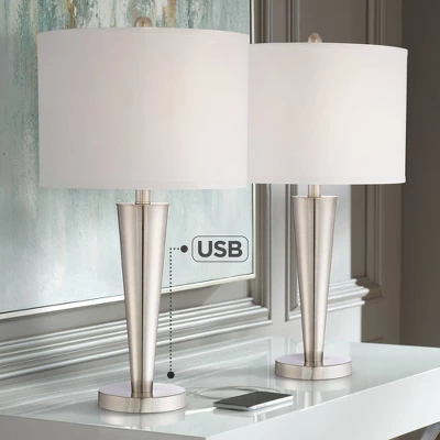 360 Lighting Geoff Modern Table Lamps 26" High Set Of 2 Brushed Nickel With USB Charging Port White Drum Shade For Bedroom Living Room Bedside Desk 1 360 Lighting Geoff Modern Table Lamps 26" High Set Of 2 Brushed Nickel With USB Charging Port White Drum Shade For Bedroom Living Room Bedside Desk