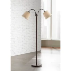 360 Lighting Modern Floor Lamp 56" Tall Dark Bronze Twin Arm Adjustable Gooseneck Neutral Cotton Drum Shade For Living Room Reading Bedroom