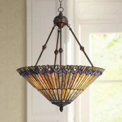 Robert Louis Tiffany Bronze Pendant Chandelier 20" Wide Rustic Peacock Stained Art Glass 3-Light Fixture For Dining Room House Kitchen Island Entryway