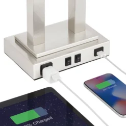 Possini Euro Design Amity Modern Table Lamp 26" High Brushed Nickel With USB And AC Power Outlet In Base White Linen Shade For Bedroom Bedside Desk -Adesso Sales Store GUEST faab9f00 a01b 4be2 963c a37ffcd0f7f1