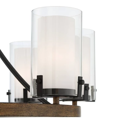 Stiffel Black Wood Wagon Wheel Chandelier 29 1/2" Wide Industrial Clear Outer Frosted Inner Glass 8-Light For Dining Room House 2 Stiffel Black Wood Wagon Wheel Chandelier 29 1/2" Wide Industrial Clear Outer Frosted Inner Glass 8-Light For Dining Room House - Image 2