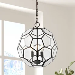 13.5" 3-Light Bee Modern Farmhouse Iron/Glass LED Pendant Oil Rubbed Bronze/Clear - JONATHAN Y